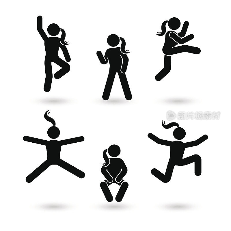 Stick figure幸福、自由、跳跃的女孩动作集。矢量插图的庆祝妇女摆姿势象形文字